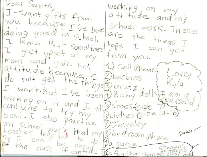 Child's handwritten letter to Santa