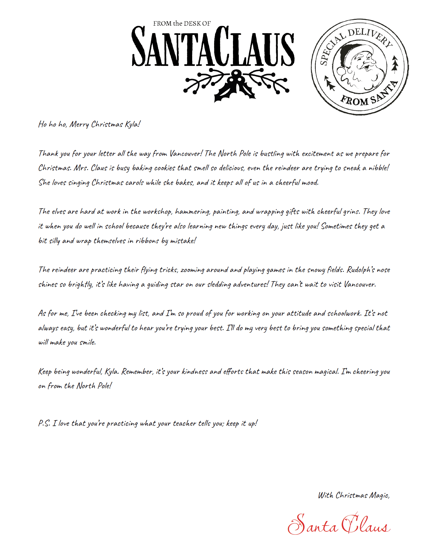 Santa's magical response letter